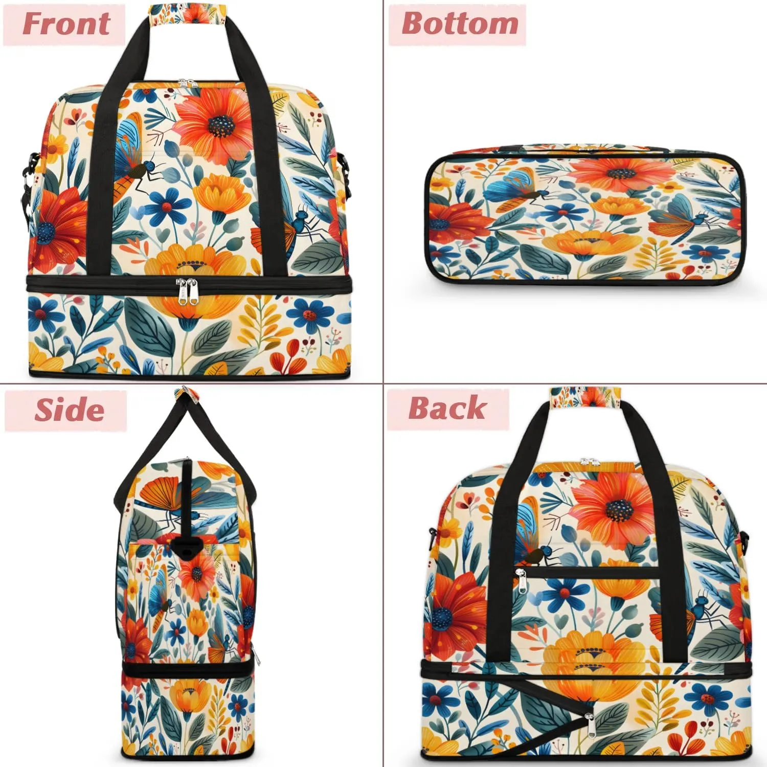 Graceful Flora Beauty Printing Travel Duffle Bag, Collapsible Travel Bag Sports Gym Bag With Shoes Compartment Weekender Bag Overnight Bag For Women Men