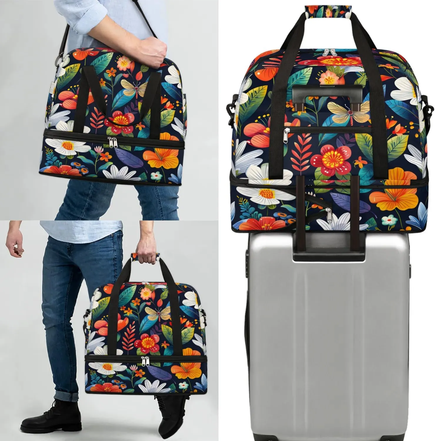 Graceful Flora Beauty Printings Travel Duffle Bag, Collapsible Travel Bag Sports Gym Bag With Shoes Compartment Weekender Bag Overnight Bag For Women Men