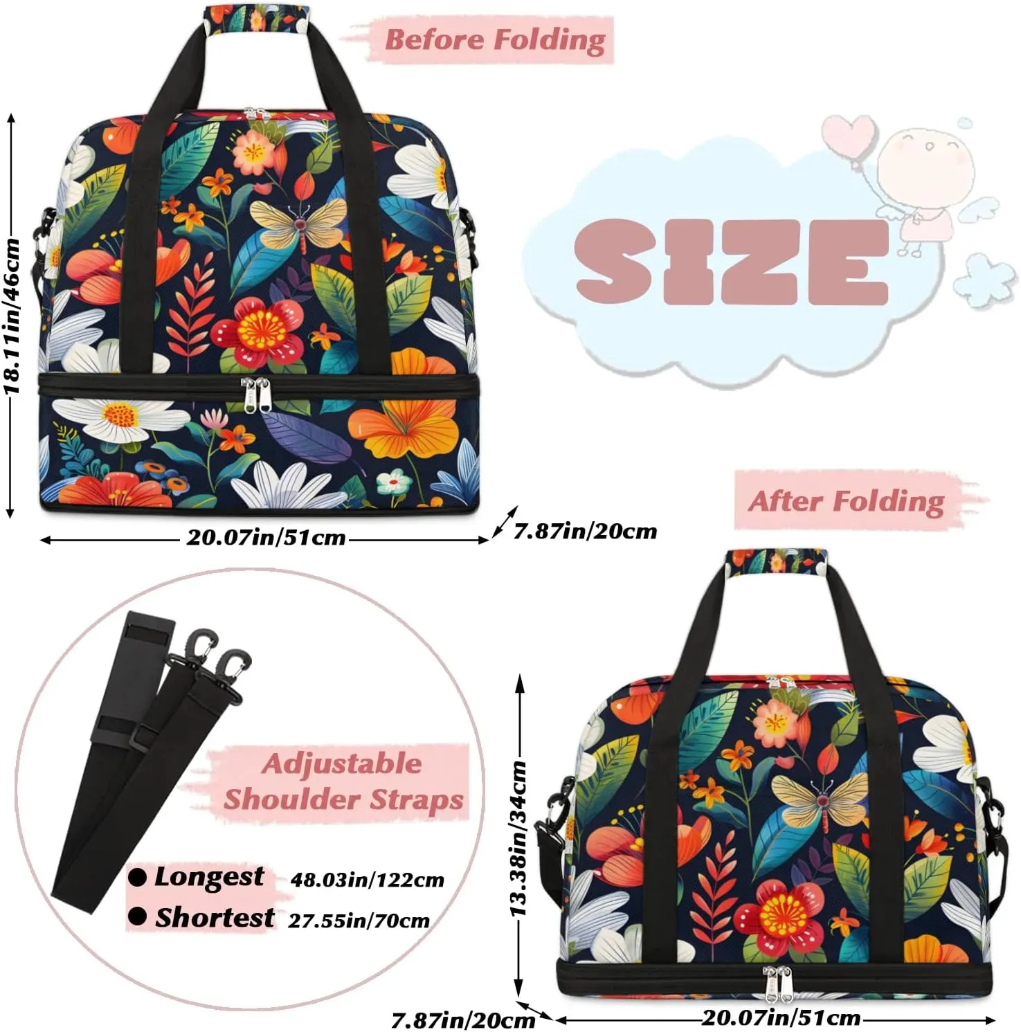 Graceful Flora Beauty Printings Travel Duffle Bag, Collapsible Travel Bag Sports Gym Bag With Shoes Compartment Weekender Bag Overnight Bag For Women Men