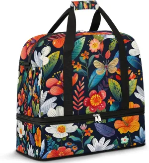 Graceful Flora Beauty Printings Travel Duffle Bag, Collapsible Travel Bag Sports Gym Bag With Shoes Compartment Weekender Bag Overnight Bag For Women Men