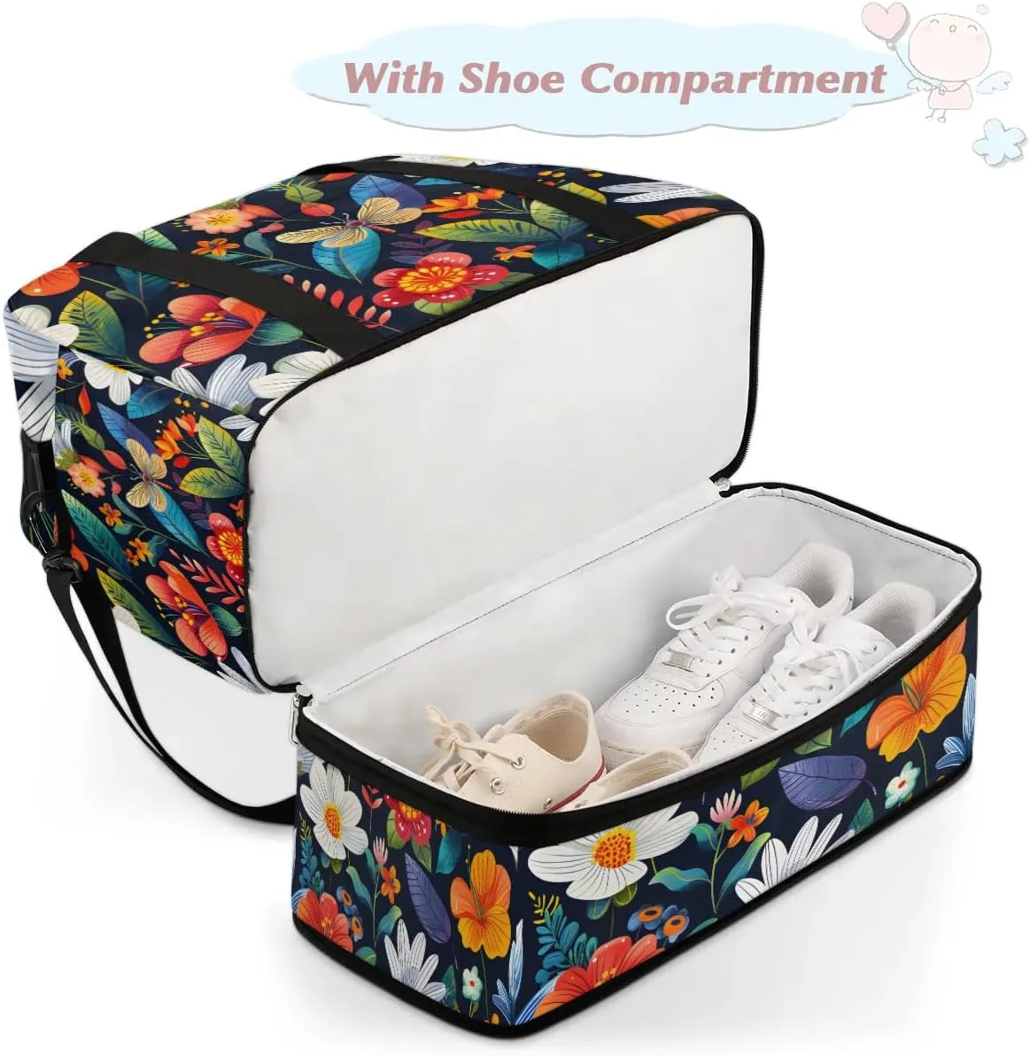 Graceful Flora Beauty Printings Travel Duffle Bag, Collapsible Travel Bag Sports Gym Bag With Shoes Compartment Weekender Bag Overnight Bag For Women Men