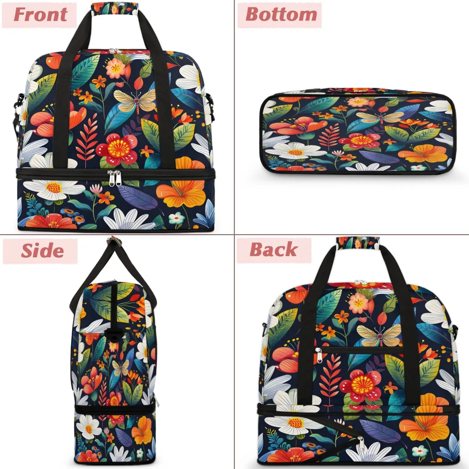 Graceful Flora Beauty Printings Travel Duffle Bag, Collapsible Travel Bag Sports Gym Bag With Shoes Compartment Weekender Bag Overnight Bag For Women Men