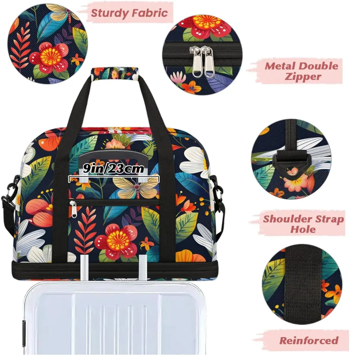 Graceful Flora Beauty Printings Travel Duffle Bag, Collapsible Travel Bag Sports Gym Bag With Shoes Compartment Weekender Bag Overnight Bag For Women Men