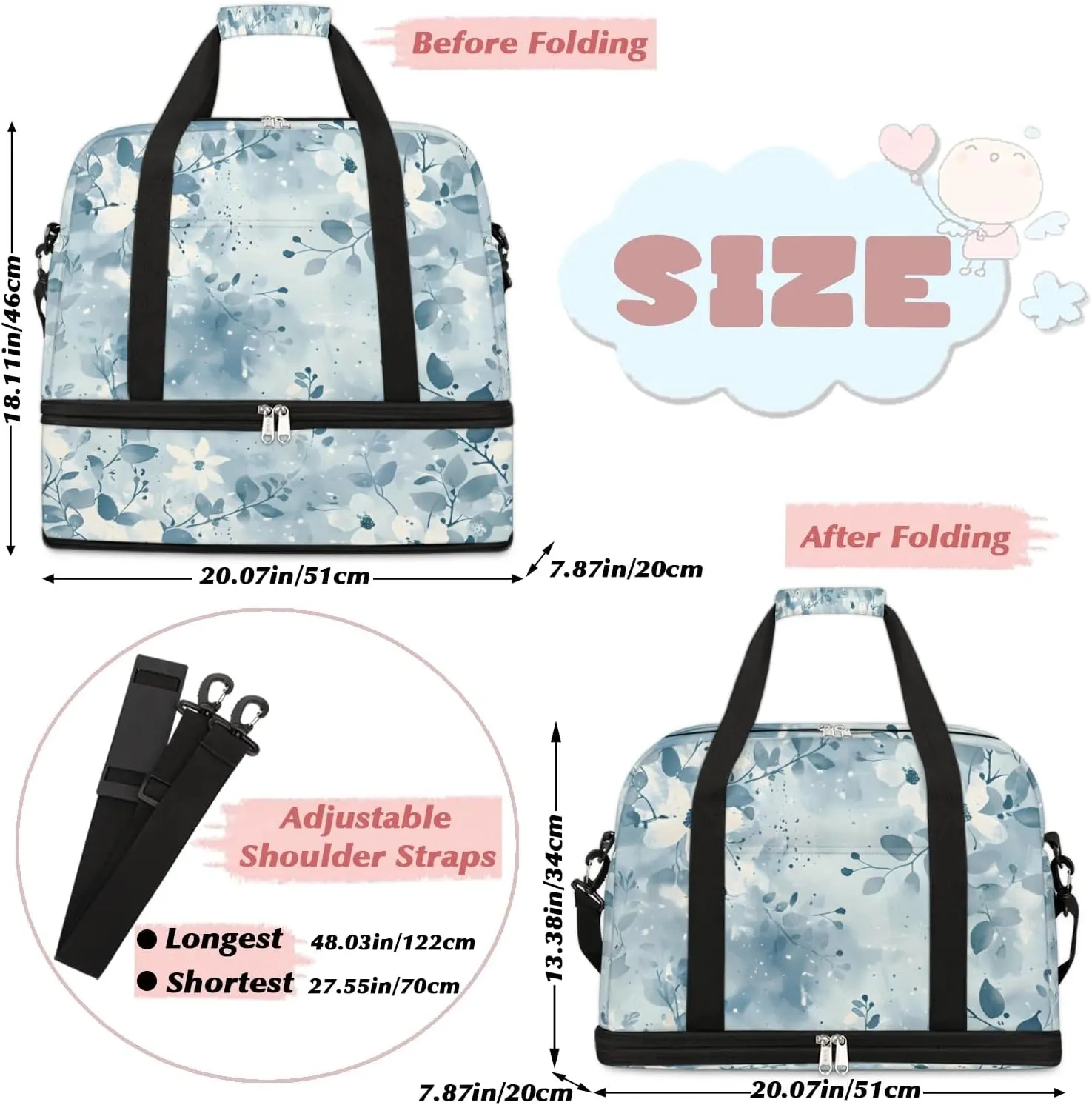 Graceful Flora Colorful Patterns Travel Duffle Bag, Collapsible Travel Bag Sports Gym Bag With Shoes Compartment Weekender Bag Overnight Bag For Women Men