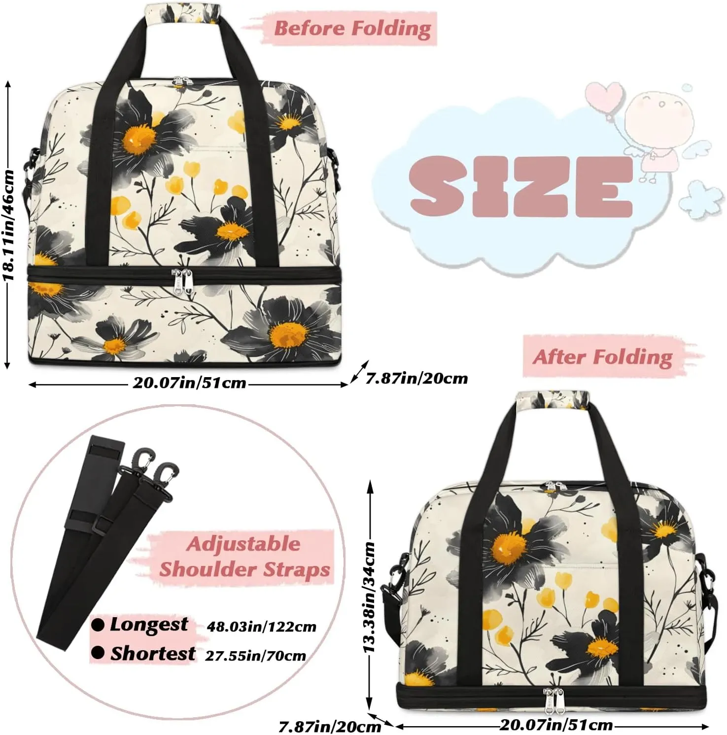 Graceful Flora Colorful Prints Travel Duffle Bag, Collapsible Travel Bag Sports Gym Bag With Shoes Compartment Weekender Bag Overnight Bag For Women Men