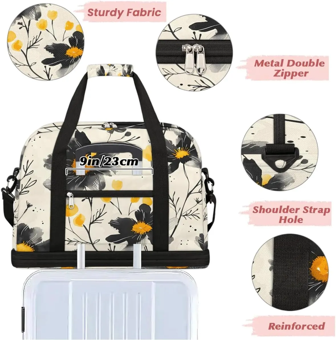 Graceful Flora Colorful Prints Travel Duffle Bag, Collapsible Travel Bag Sports Gym Bag With Shoes Compartment Weekender Bag Overnight Bag For Women Men