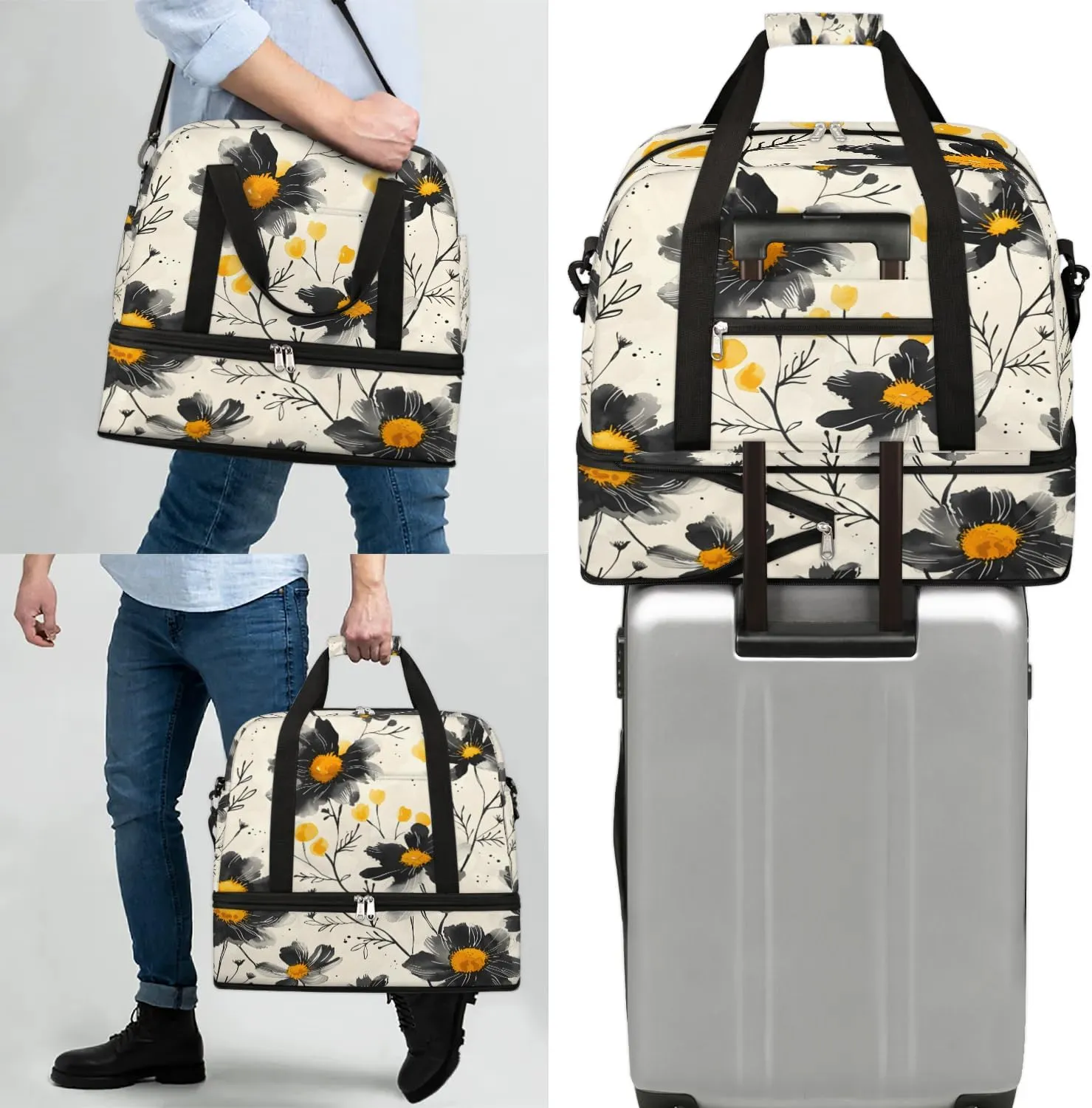 Graceful Flora Colorful Prints Travel Duffle Bag, Collapsible Travel Bag Sports Gym Bag With Shoes Compartment Weekender Bag Overnight Bag For Women Men