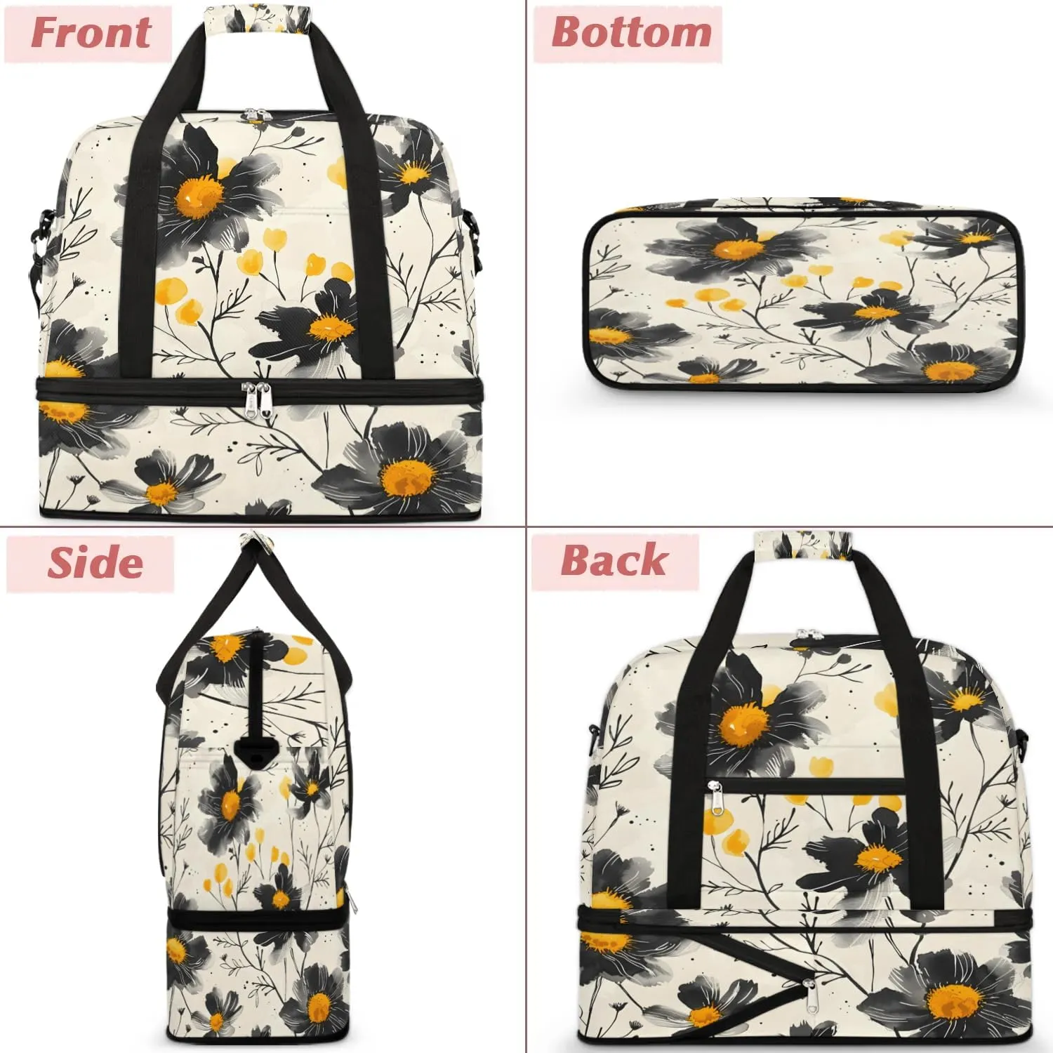 Graceful Flora Colorful Prints Travel Duffle Bag, Collapsible Travel Bag Sports Gym Bag With Shoes Compartment Weekender Bag Overnight Bag For Women Men