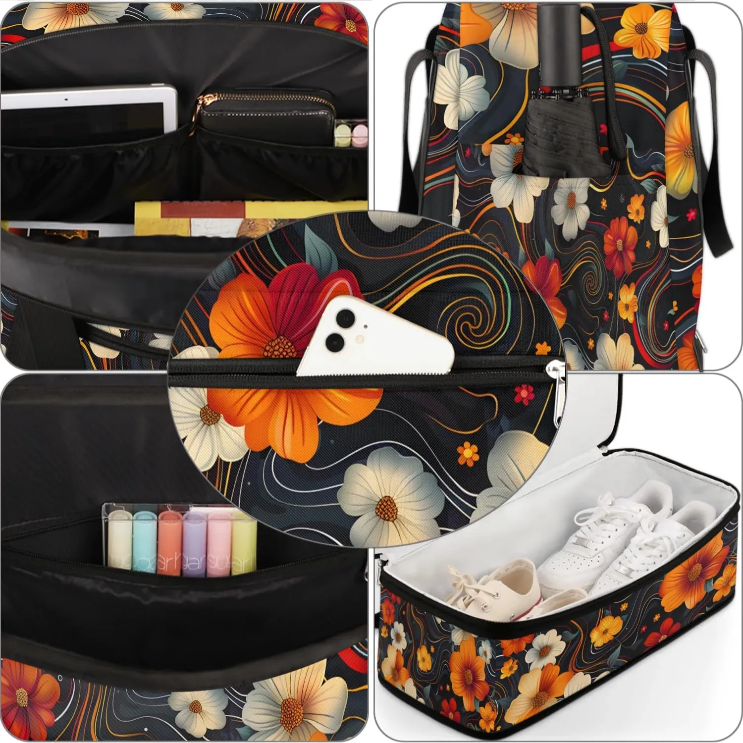 Graceful Flora Pattern Colorful Travel Duffle Bag, Collapsible Travel Bag Sports Gym Bag With Shoes Compartment Weekender Bag Overnight Bag For Women Men