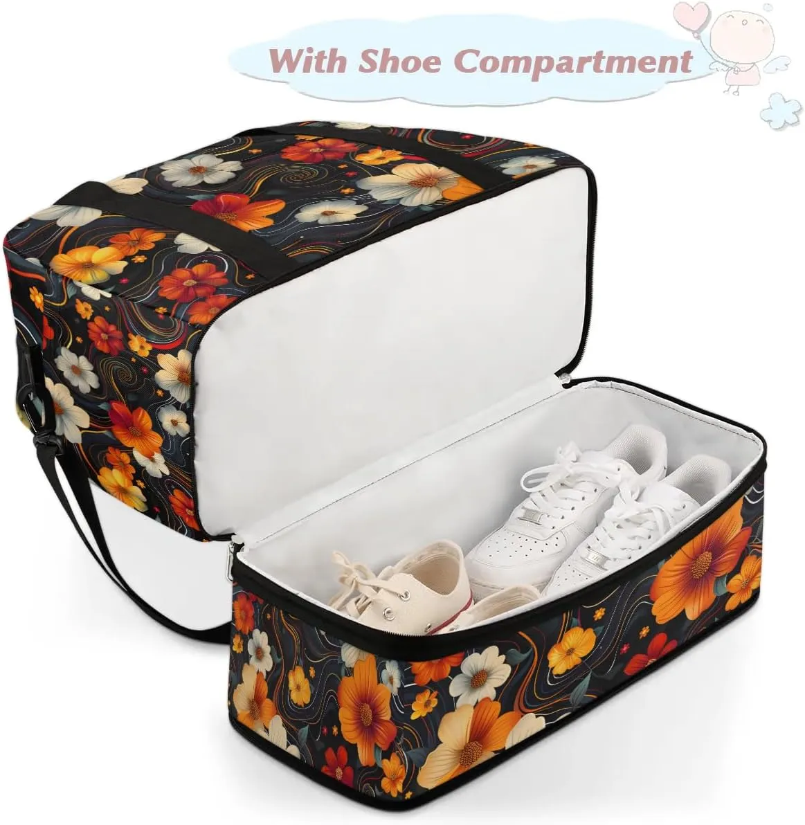 Graceful Flora Pattern Colorful Travel Duffle Bag, Collapsible Travel Bag Sports Gym Bag With Shoes Compartment Weekender Bag Overnight Bag For Women Men