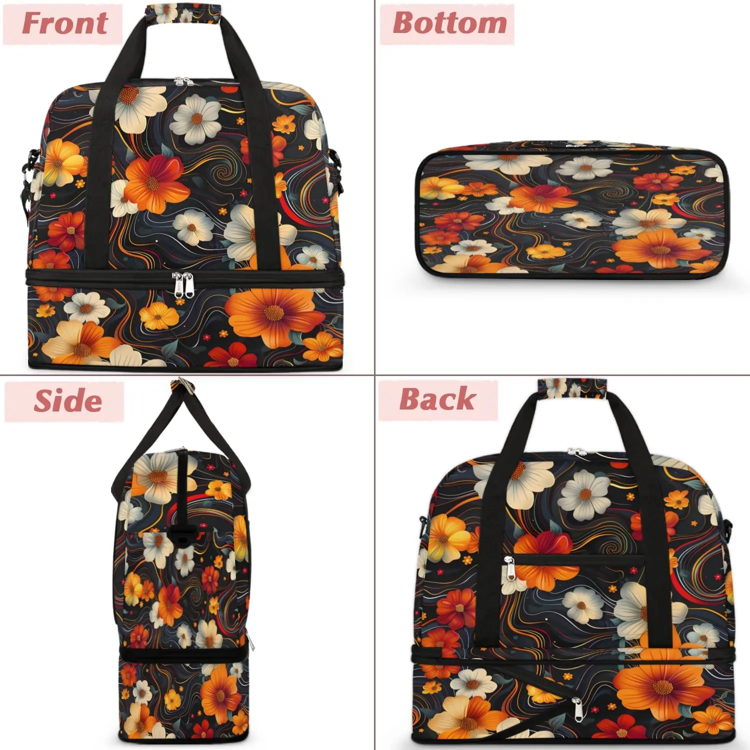 Graceful Flora Pattern Colorful Travel Duffle Bag, Collapsible Travel Bag Sports Gym Bag With Shoes Compartment Weekender Bag Overnight Bag For Women Men