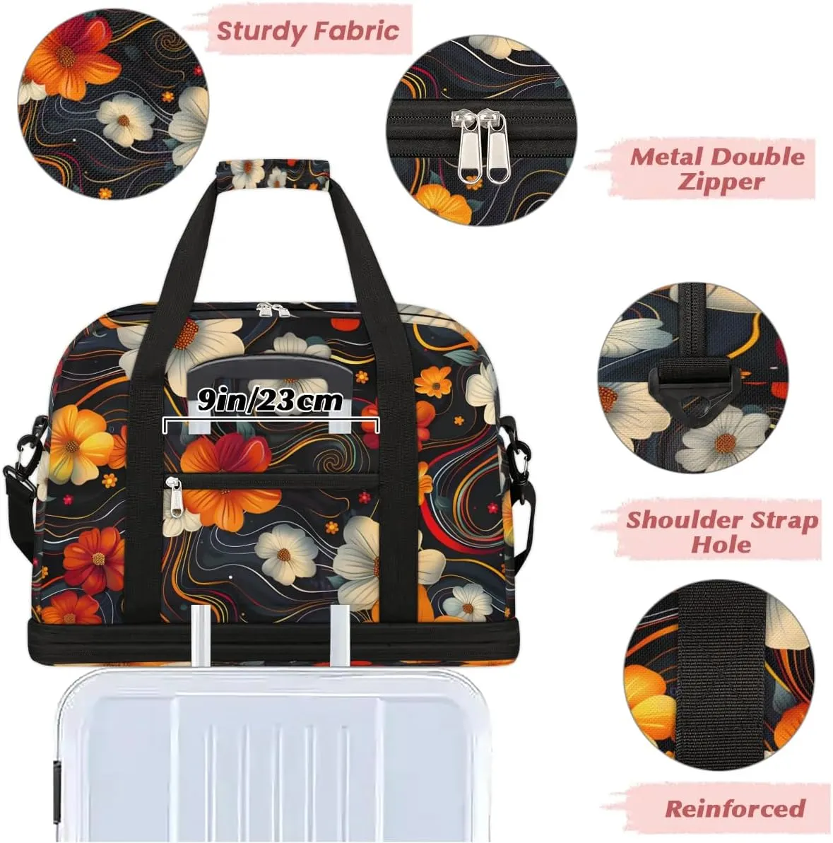 Graceful Flora Pattern Colorful Travel Duffle Bag, Collapsible Travel Bag Sports Gym Bag With Shoes Compartment Weekender Bag Overnight Bag For Women Men
