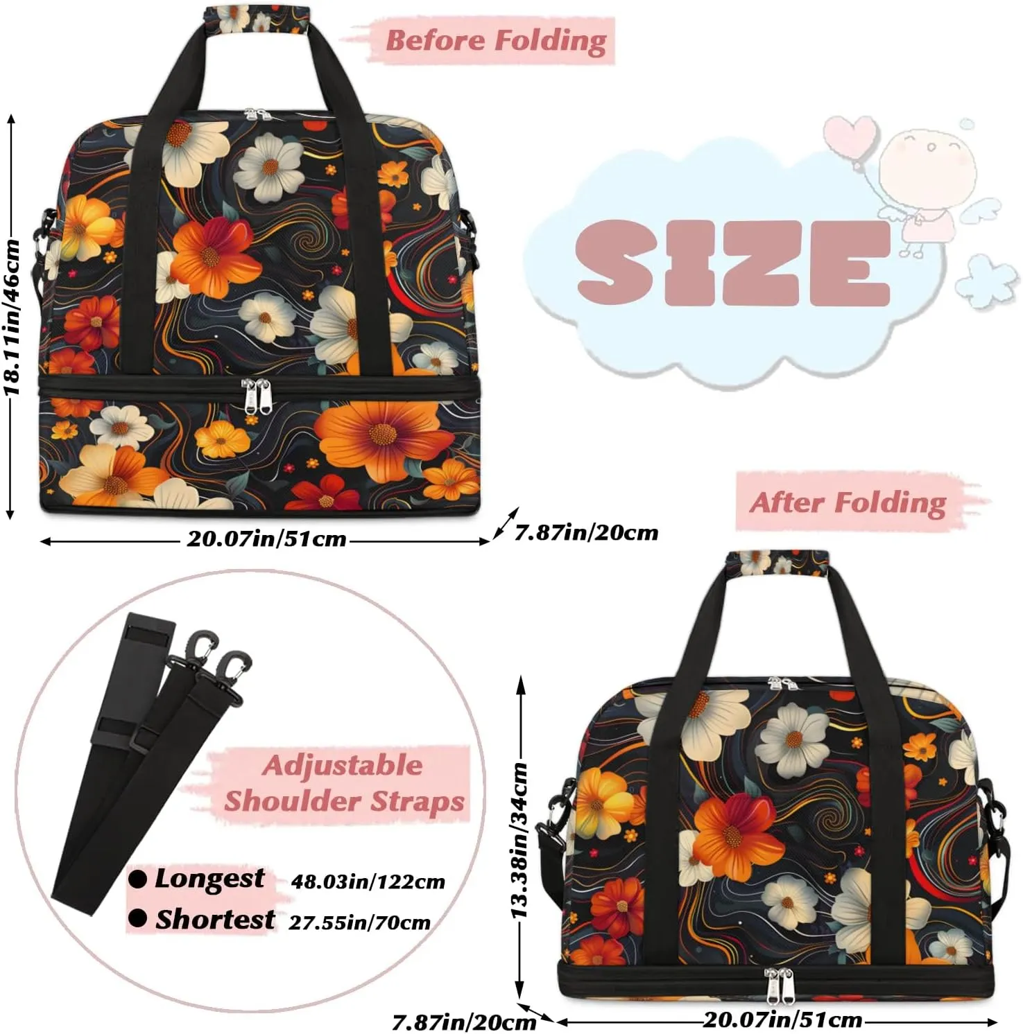 Graceful Flora Pattern Colorful Travel Duffle Bag, Collapsible Travel Bag Sports Gym Bag With Shoes Compartment Weekender Bag Overnight Bag For Women Men