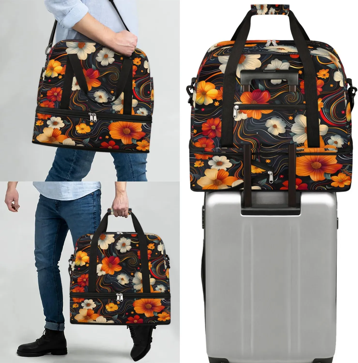 Graceful Flora Pattern Colorful Travel Duffle Bag, Collapsible Travel Bag Sports Gym Bag With Shoes Compartment Weekender Bag Overnight Bag For Women Men