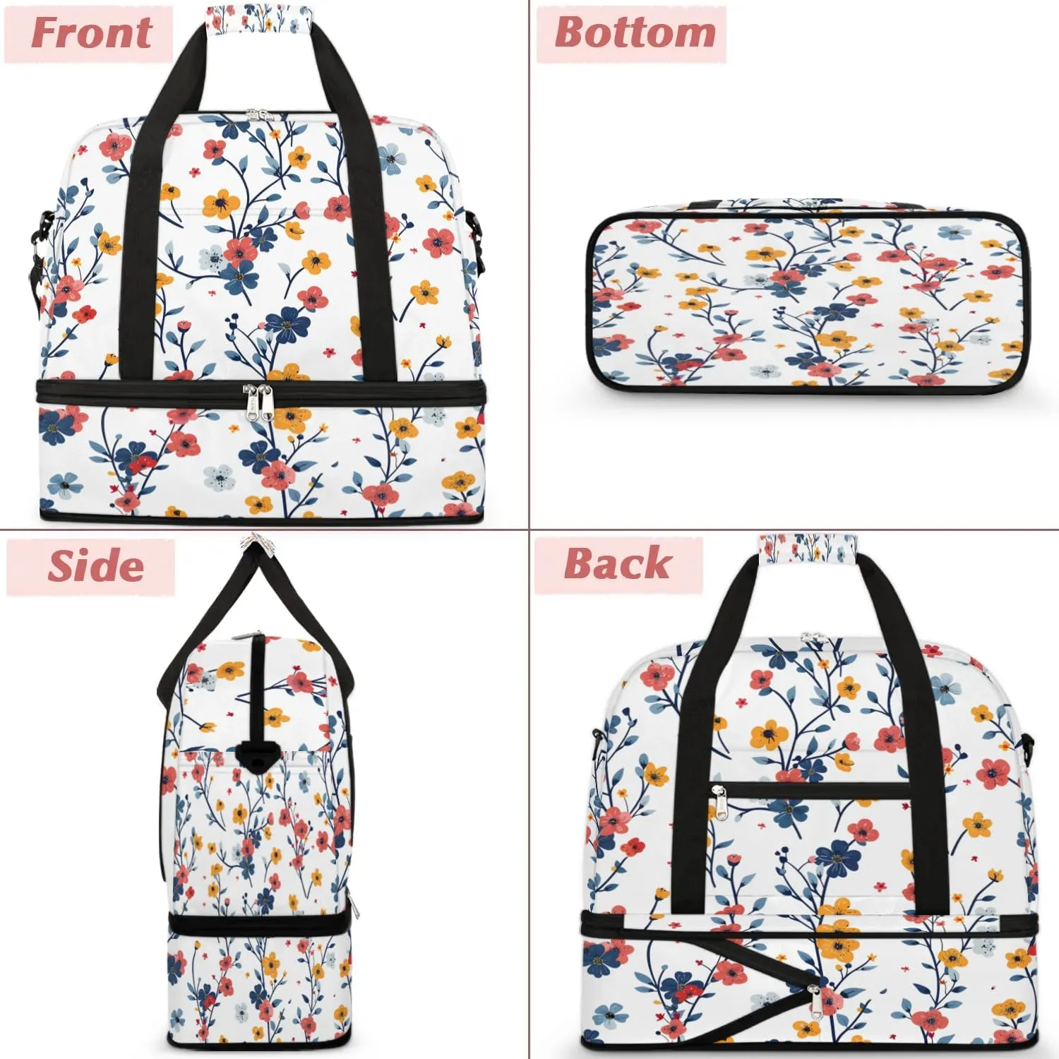 Graceful Flora Retro Patterns Travel Duffle Bag, Collapsible Travel Bag Sports Gym Bag With Shoes Compartment Weekender Bag Overnight Bag For Women Men