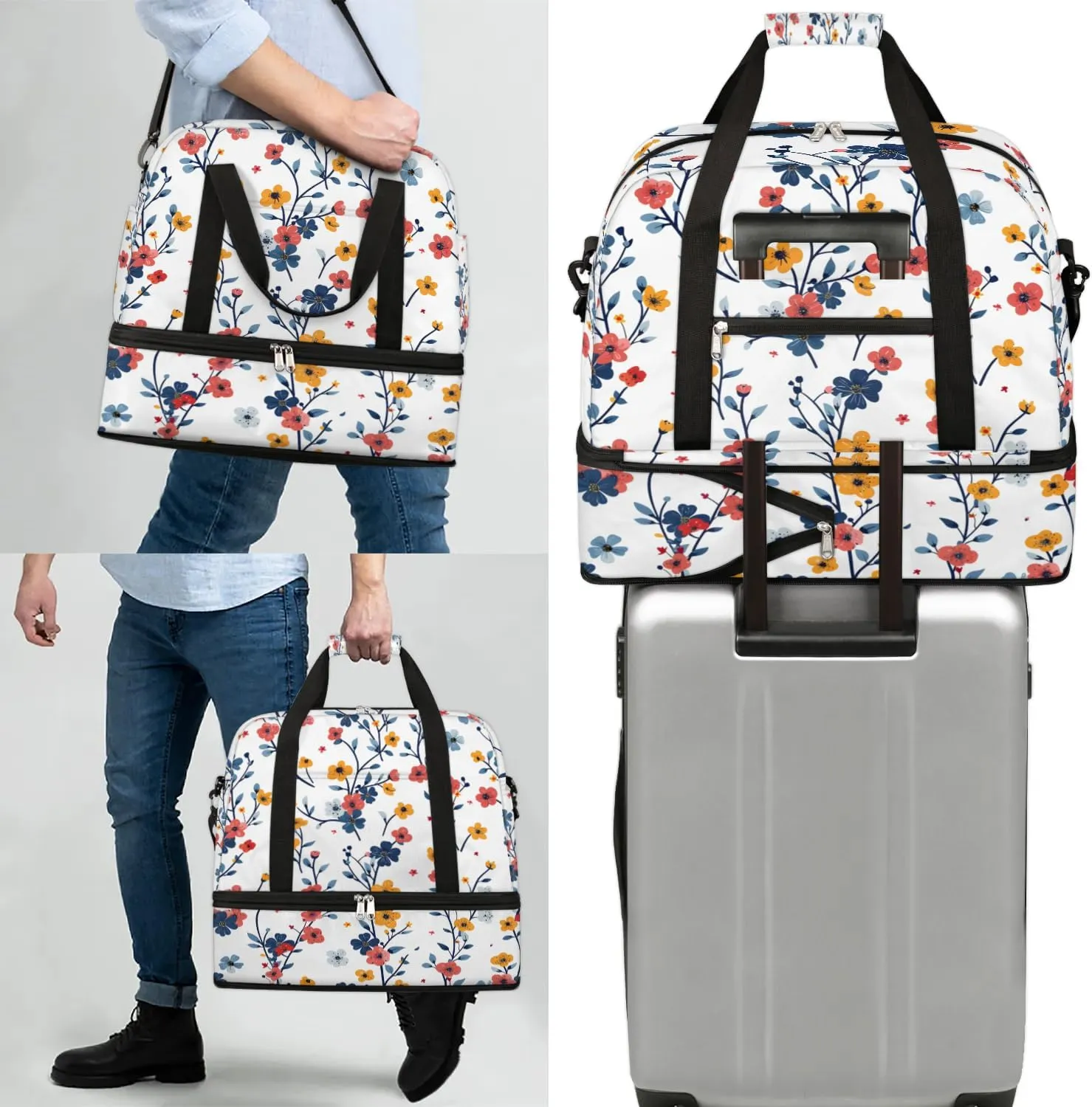 Graceful Flora Retro Patterns Travel Duffle Bag, Collapsible Travel Bag Sports Gym Bag With Shoes Compartment Weekender Bag Overnight Bag For Women Men