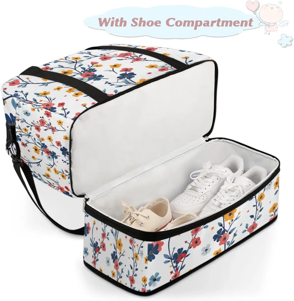 Graceful Flora Retro Patterns Travel Duffle Bag, Collapsible Travel Bag Sports Gym Bag With Shoes Compartment Weekender Bag Overnight Bag For Women Men
