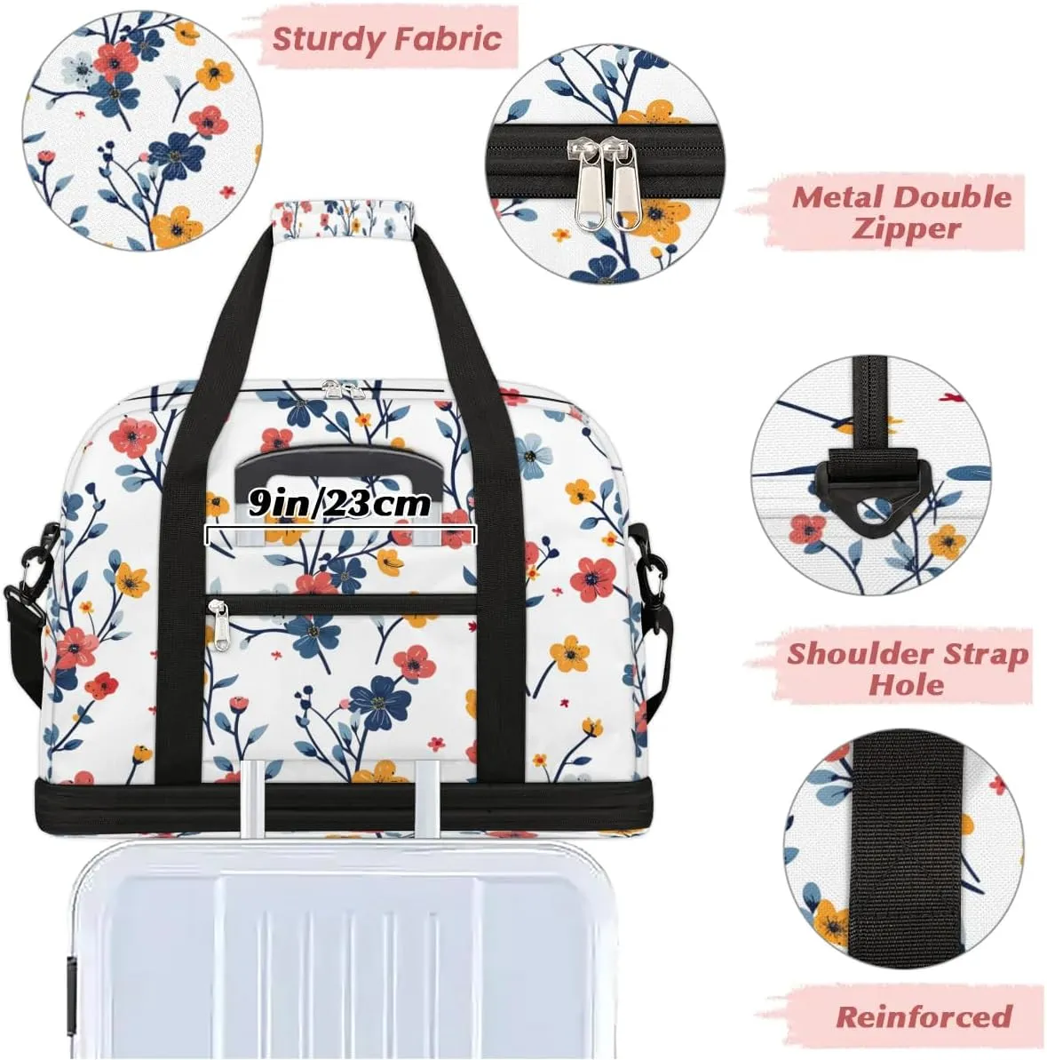 Graceful Flora Retro Patterns Travel Duffle Bag, Collapsible Travel Bag Sports Gym Bag With Shoes Compartment Weekender Bag Overnight Bag For Women Men