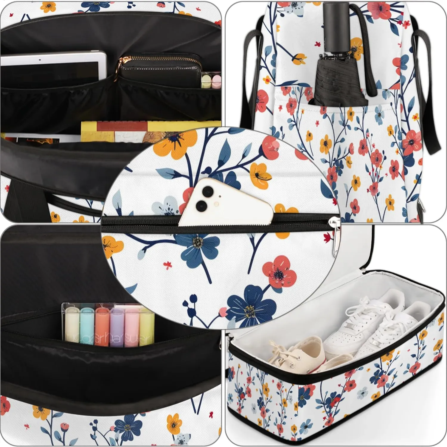 Graceful Flora Retro Patterns Travel Duffle Bag, Collapsible Travel Bag Sports Gym Bag With Shoes Compartment Weekender Bag Overnight Bag For Women Men