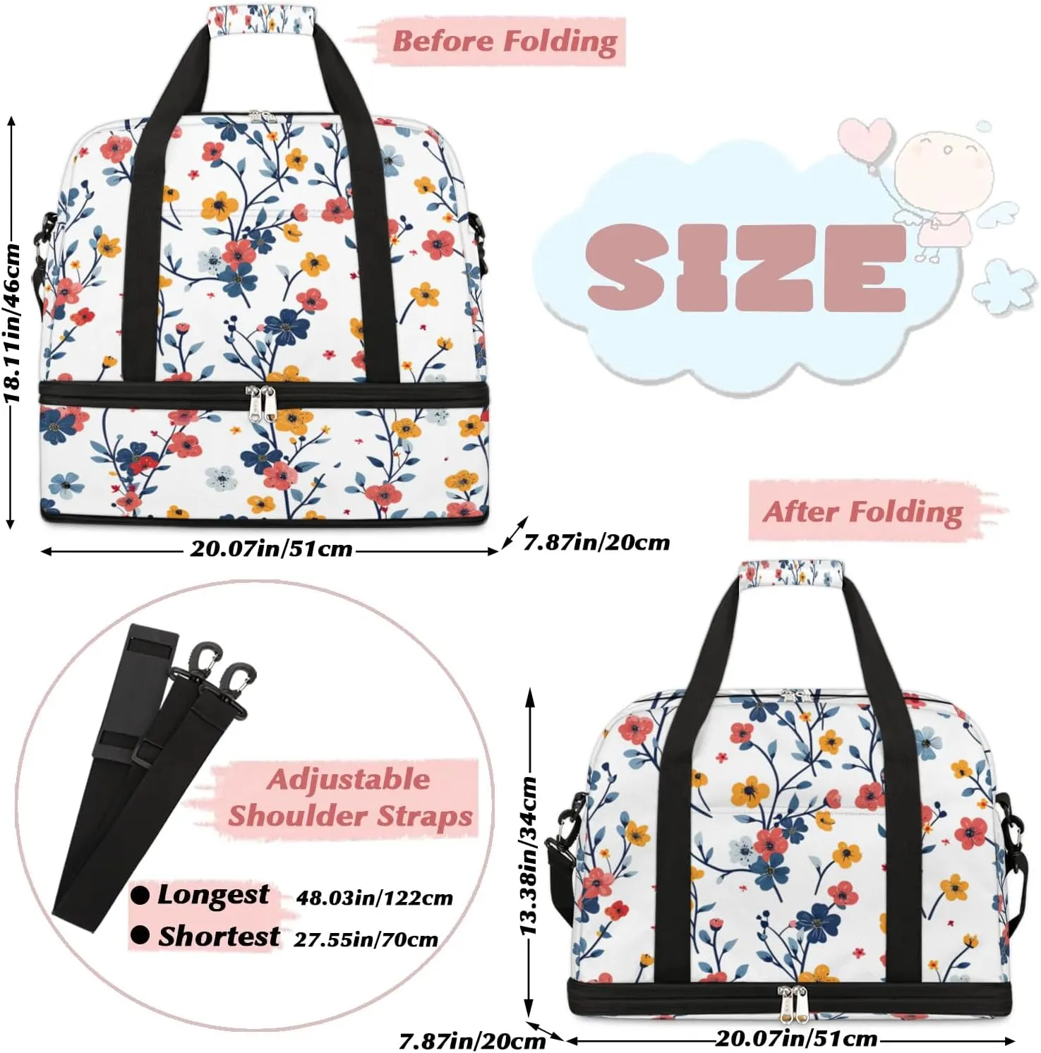Graceful Flora Retro Patterns Travel Duffle Bag, Collapsible Travel Bag Sports Gym Bag With Shoes Compartment Weekender Bag Overnight Bag For Women Men