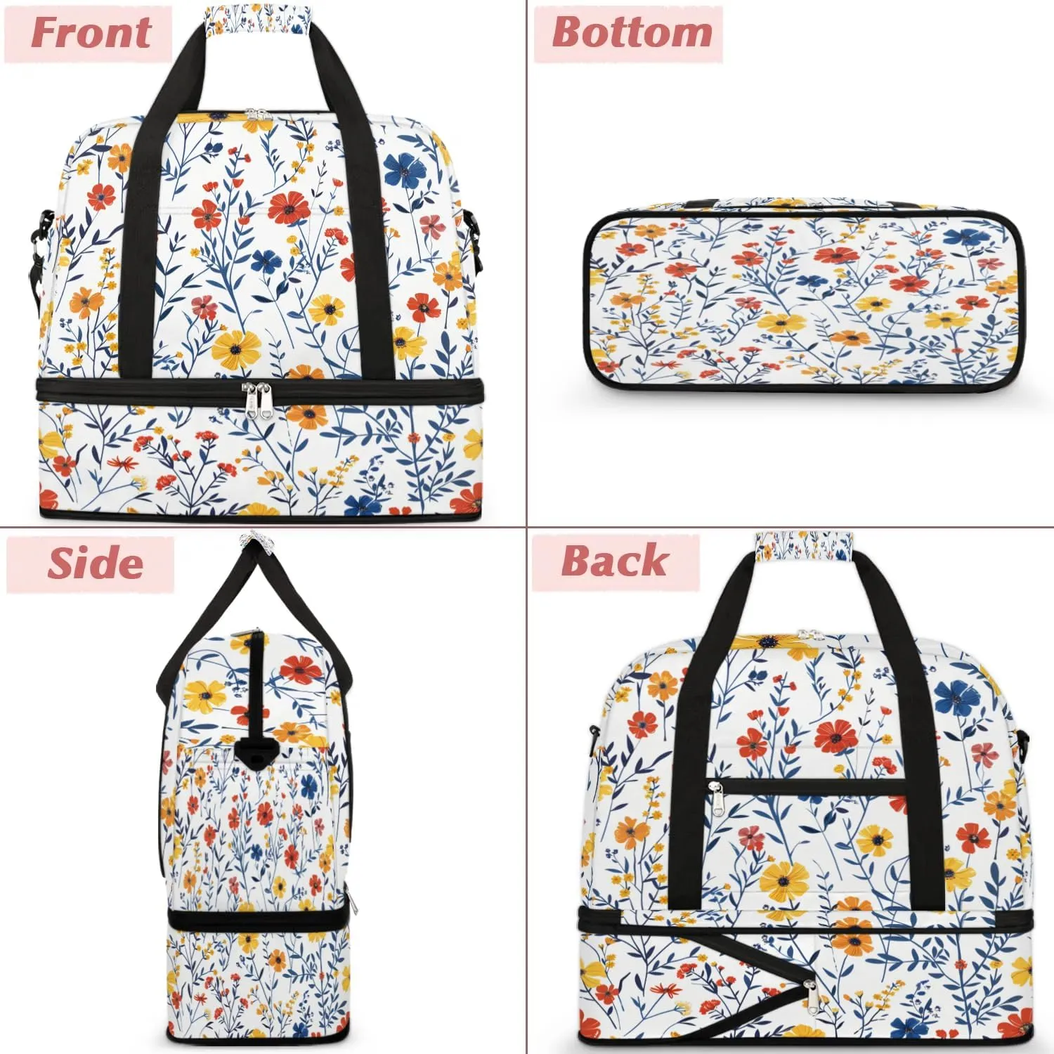 Graceful Flora Retro Print Travel Duffle Bag, Collapsible Travel Bag Sports Gym Bag With Shoes Compartment Weekender Bag Overnight Bag For Women Men