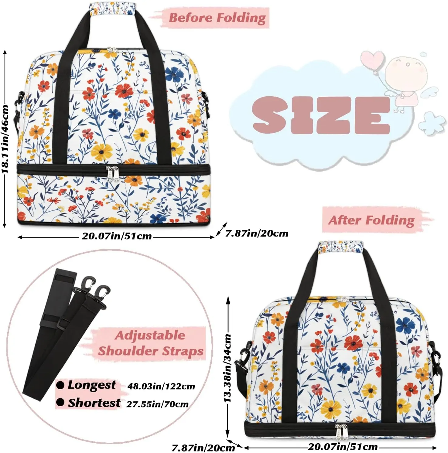 Graceful Flora Retro Print Travel Duffle Bag, Collapsible Travel Bag Sports Gym Bag With Shoes Compartment Weekender Bag Overnight Bag For Women Men