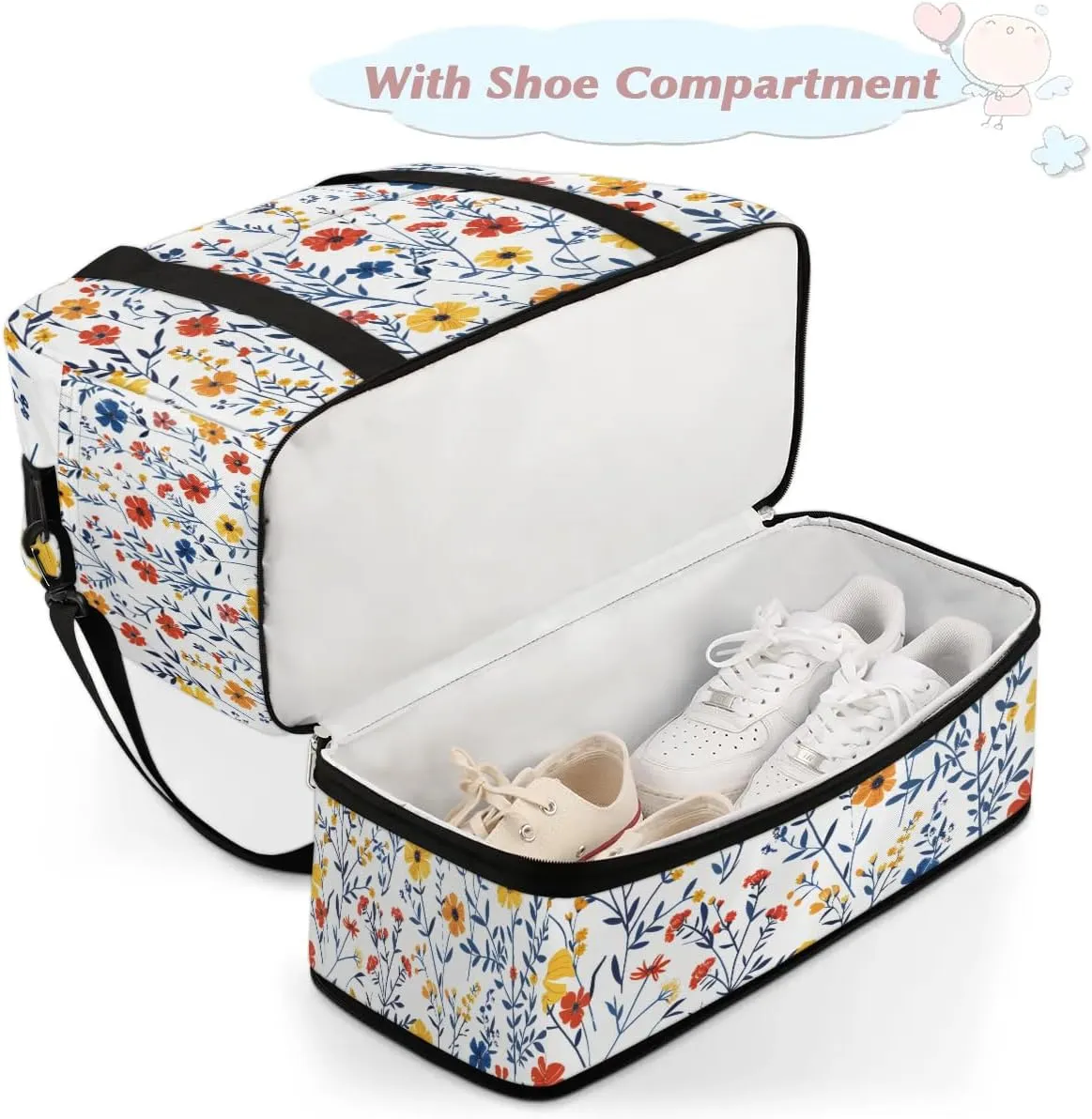 Graceful Flora Retro Print Travel Duffle Bag, Collapsible Travel Bag Sports Gym Bag With Shoes Compartment Weekender Bag Overnight Bag For Women Men