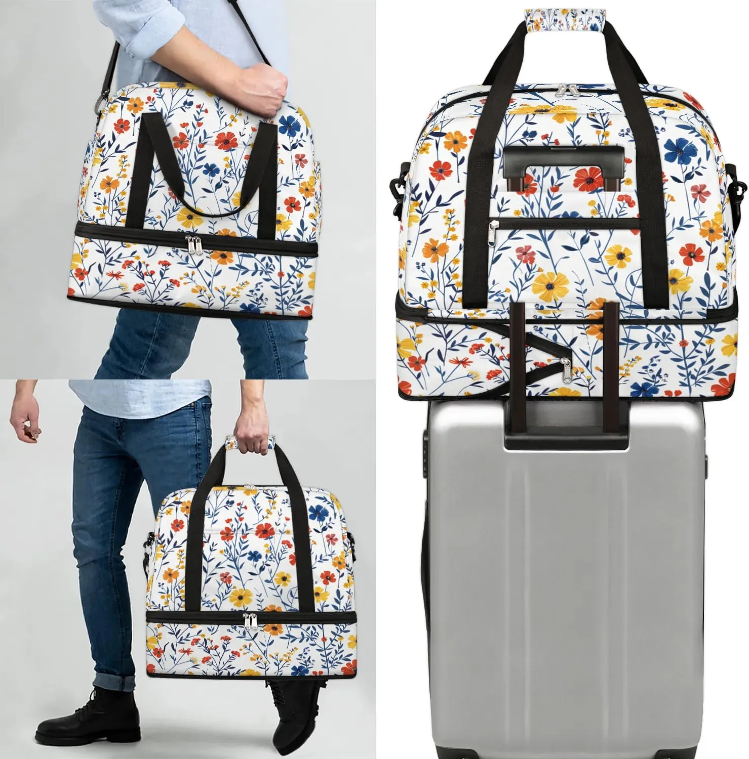 Graceful Flora Retro Print Travel Duffle Bag, Collapsible Travel Bag Sports Gym Bag With Shoes Compartment Weekender Bag Overnight Bag For Women Men