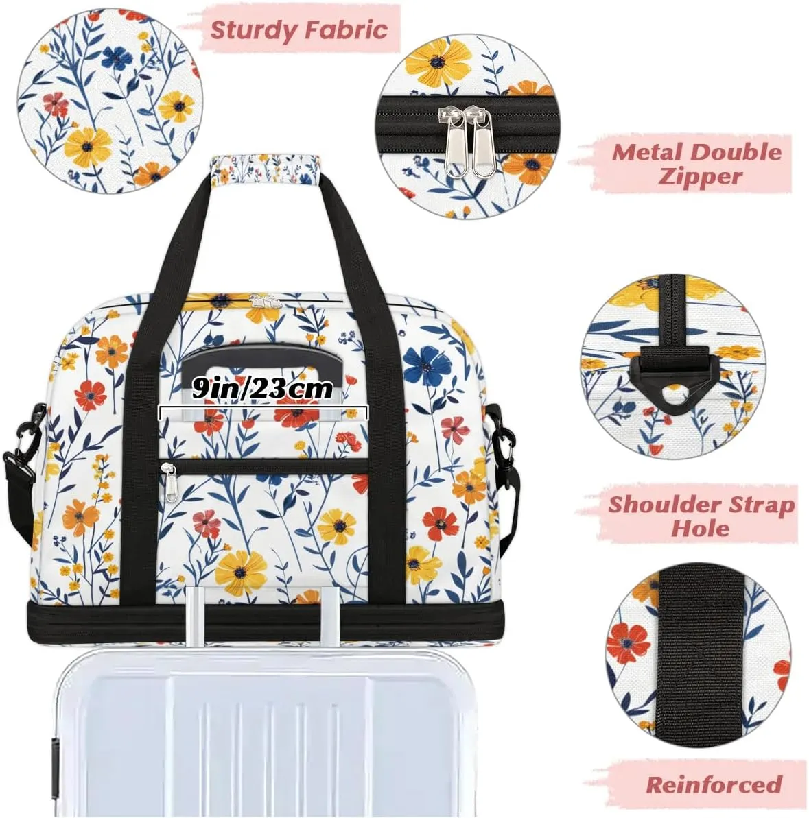 Graceful Flora Retro Print Travel Duffle Bag, Collapsible Travel Bag Sports Gym Bag With Shoes Compartment Weekender Bag Overnight Bag For Women Men