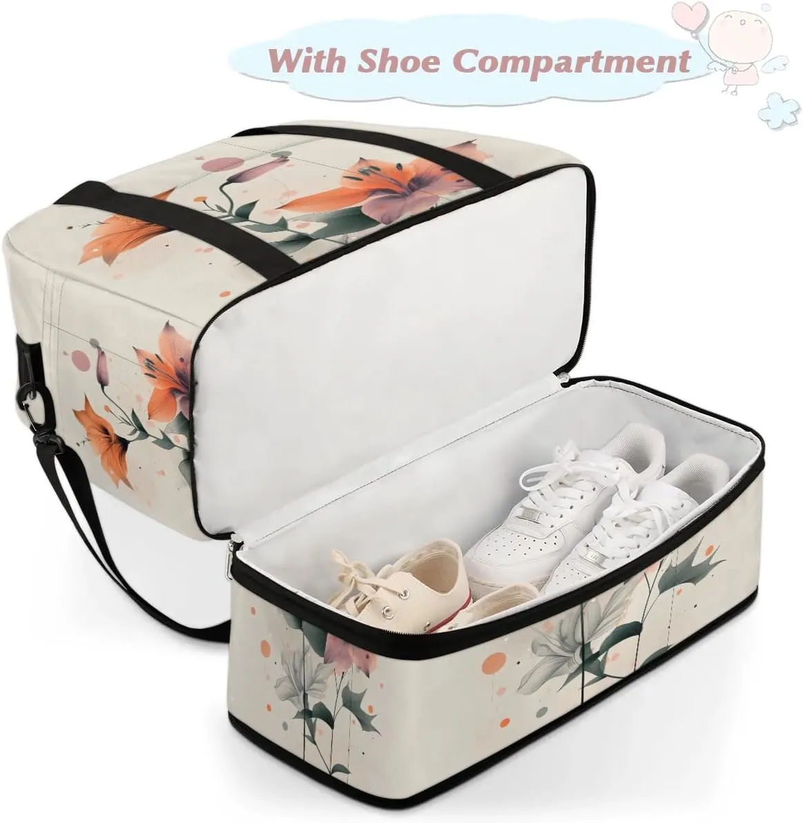 Graceful Flora Retro Printing Travel Duffle Bag, Collapsible Travel Bag Sports Gym Bag With Shoes Compartment Weekender Bag Overnight Bag For Women Men