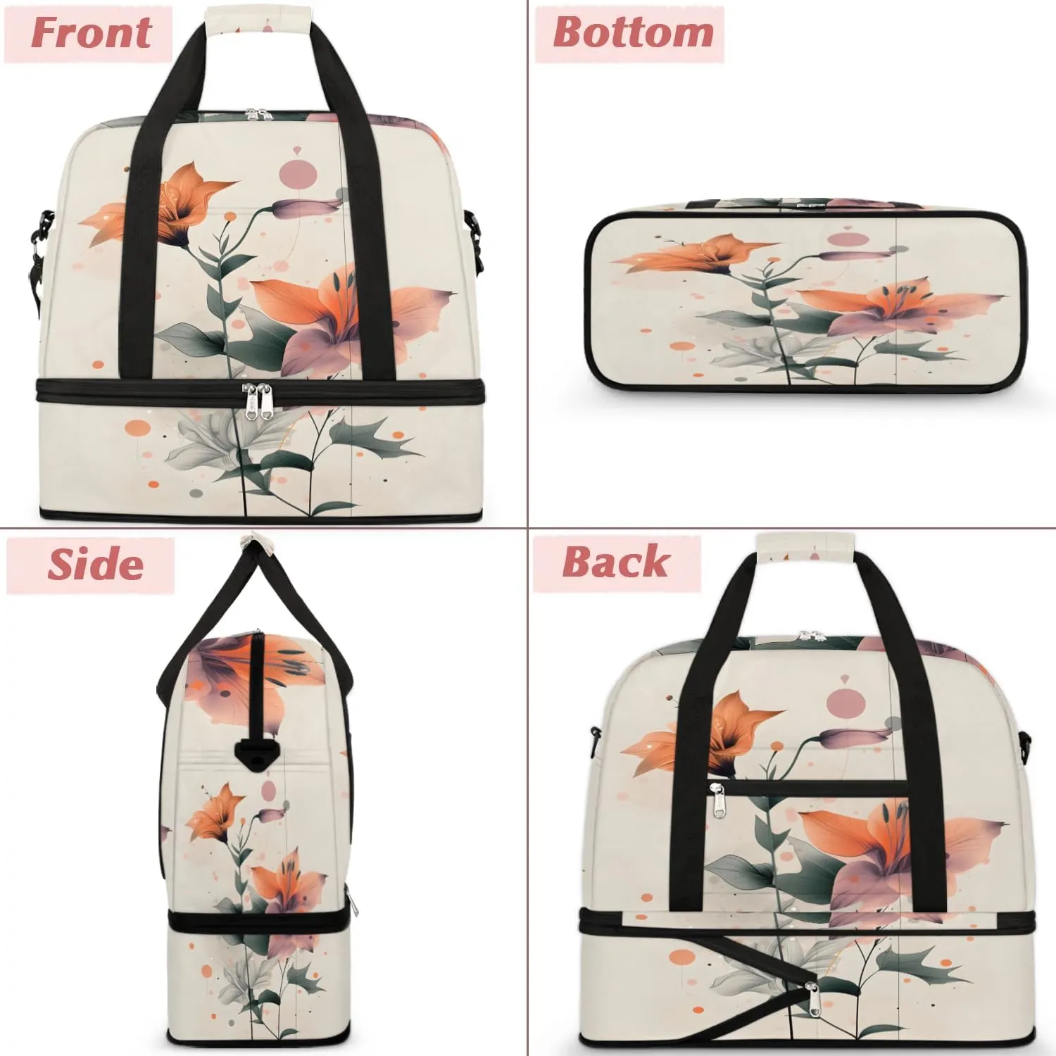 Graceful Flora Retro Printing Travel Duffle Bag, Collapsible Travel Bag Sports Gym Bag With Shoes Compartment Weekender Bag Overnight Bag For Women Men