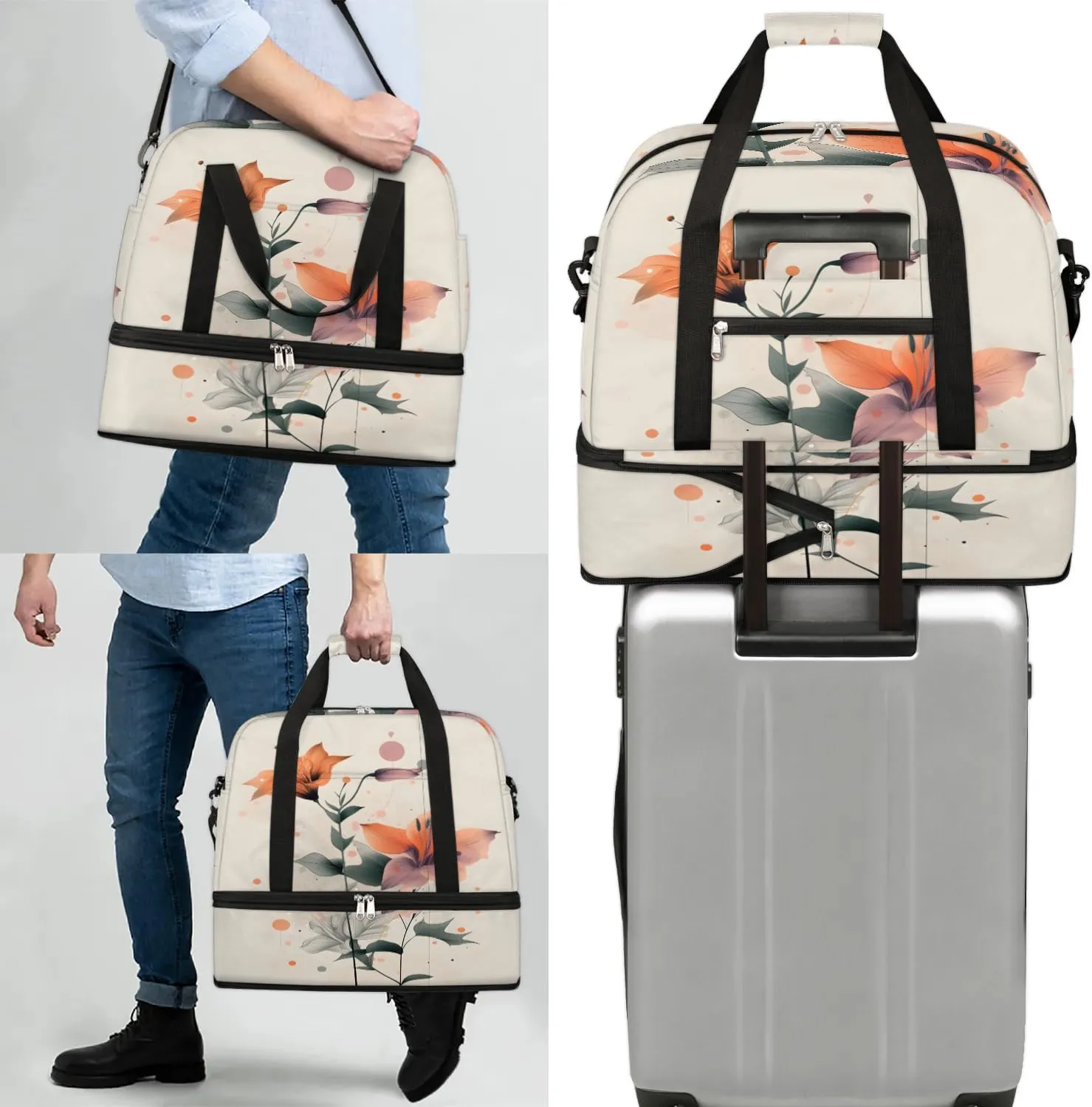Graceful Flora Retro Printing Travel Duffle Bag, Collapsible Travel Bag Sports Gym Bag With Shoes Compartment Weekender Bag Overnight Bag For Women Men