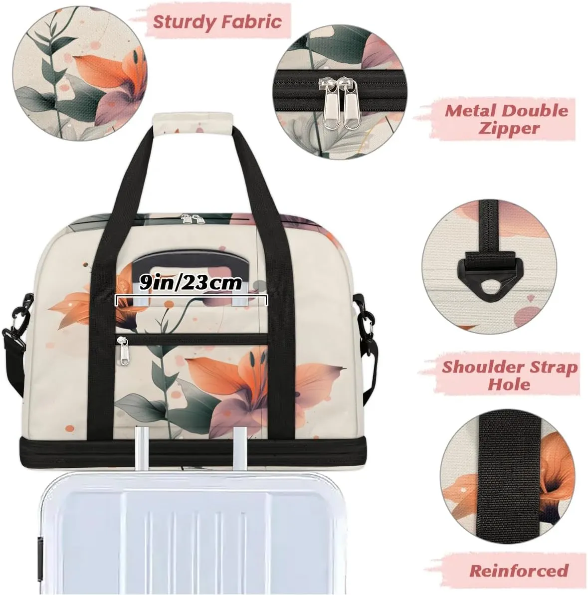 Graceful Flora Retro Printing Travel Duffle Bag, Collapsible Travel Bag Sports Gym Bag With Shoes Compartment Weekender Bag Overnight Bag For Women Men