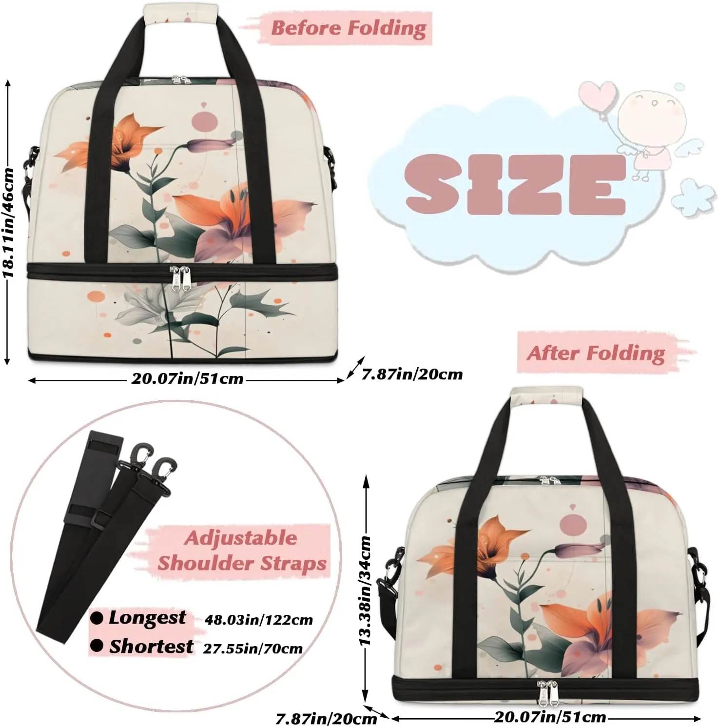 Graceful Flora Retro Printing Travel Duffle Bag, Collapsible Travel Bag Sports Gym Bag With Shoes Compartment Weekender Bag Overnight Bag For Women Men
