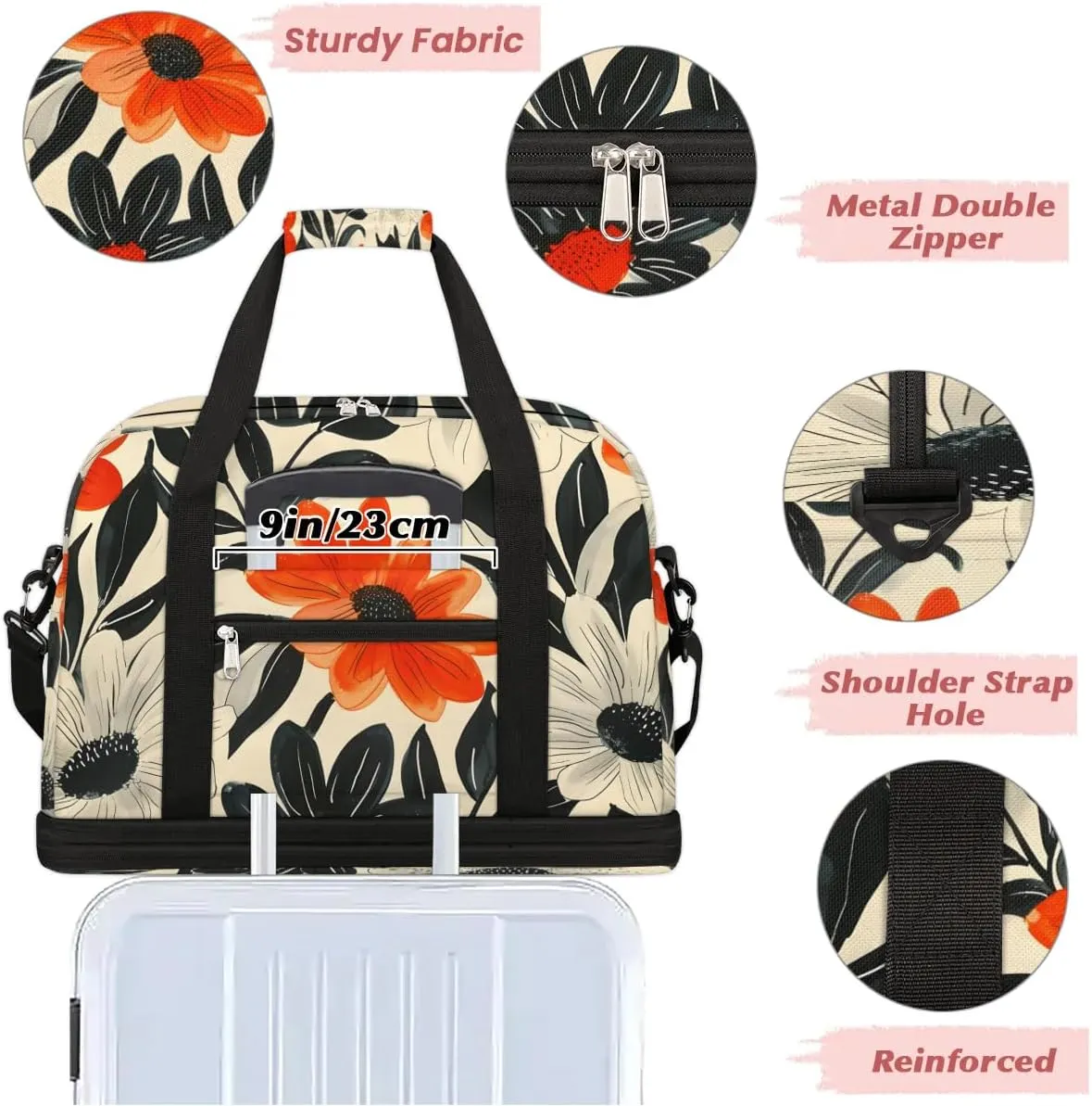 Graceful Flora Retro Printings Travel Duffle Bag, Collapsible Travel Bag Sports Gym Bag With Shoes Compartment Weekender Bag Overnight Bag For Women Men