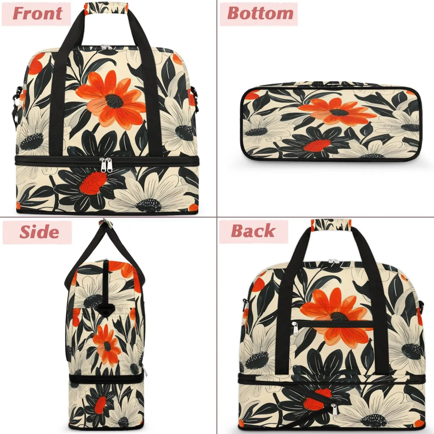 Graceful Flora Retro Printings Travel Duffle Bag, Collapsible Travel Bag Sports Gym Bag With Shoes Compartment Weekender Bag Overnight Bag For Women Men