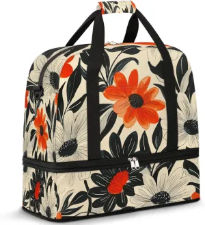 Graceful Flora Retro Printings Travel Duffle Bag, Collapsible Travel Bag Sports Gym Bag With Shoes Compartment Weekender Bag Overnight Bag For Women Men