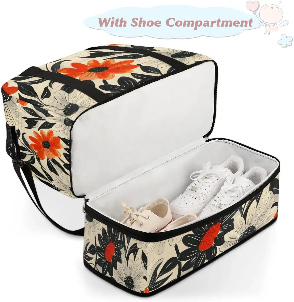 Graceful Flora Retro Printings Travel Duffle Bag, Collapsible Travel Bag Sports Gym Bag With Shoes Compartment Weekender Bag Overnight Bag For Women Men