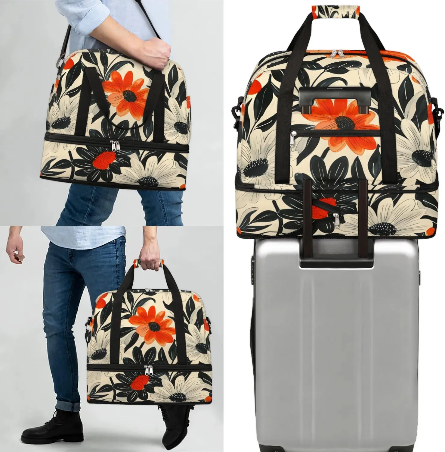 Graceful Flora Retro Printings Travel Duffle Bag, Collapsible Travel Bag Sports Gym Bag With Shoes Compartment Weekender Bag Overnight Bag For Women Men