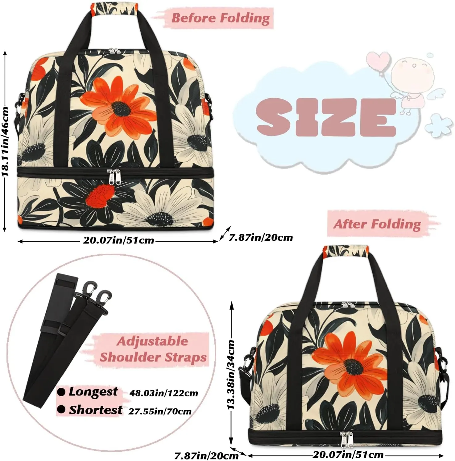 Graceful Flora Retro Printings Travel Duffle Bag, Collapsible Travel Bag Sports Gym Bag With Shoes Compartment Weekender Bag Overnight Bag For Women Men