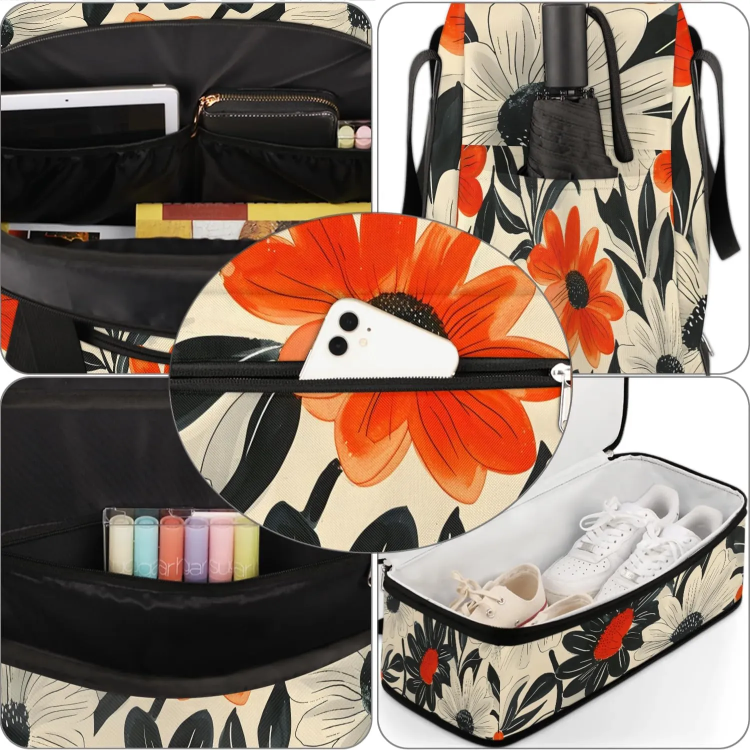 Graceful Flora Retro Printings Travel Duffle Bag, Collapsible Travel Bag Sports Gym Bag With Shoes Compartment Weekender Bag Overnight Bag For Women Men