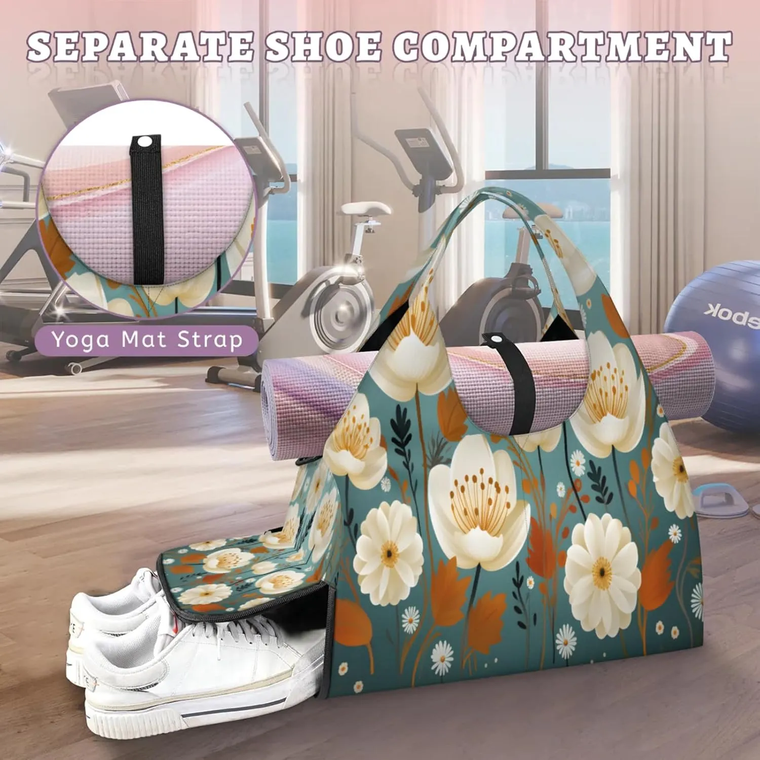 Graceful Floral Harmony Waterproof Gym Bag for Men Women, Sports Duffel Bag with Shoe Compartment Yoga Mat Holder, Portable Large Travel Bag for Fitness, Camping, Weekend Trips