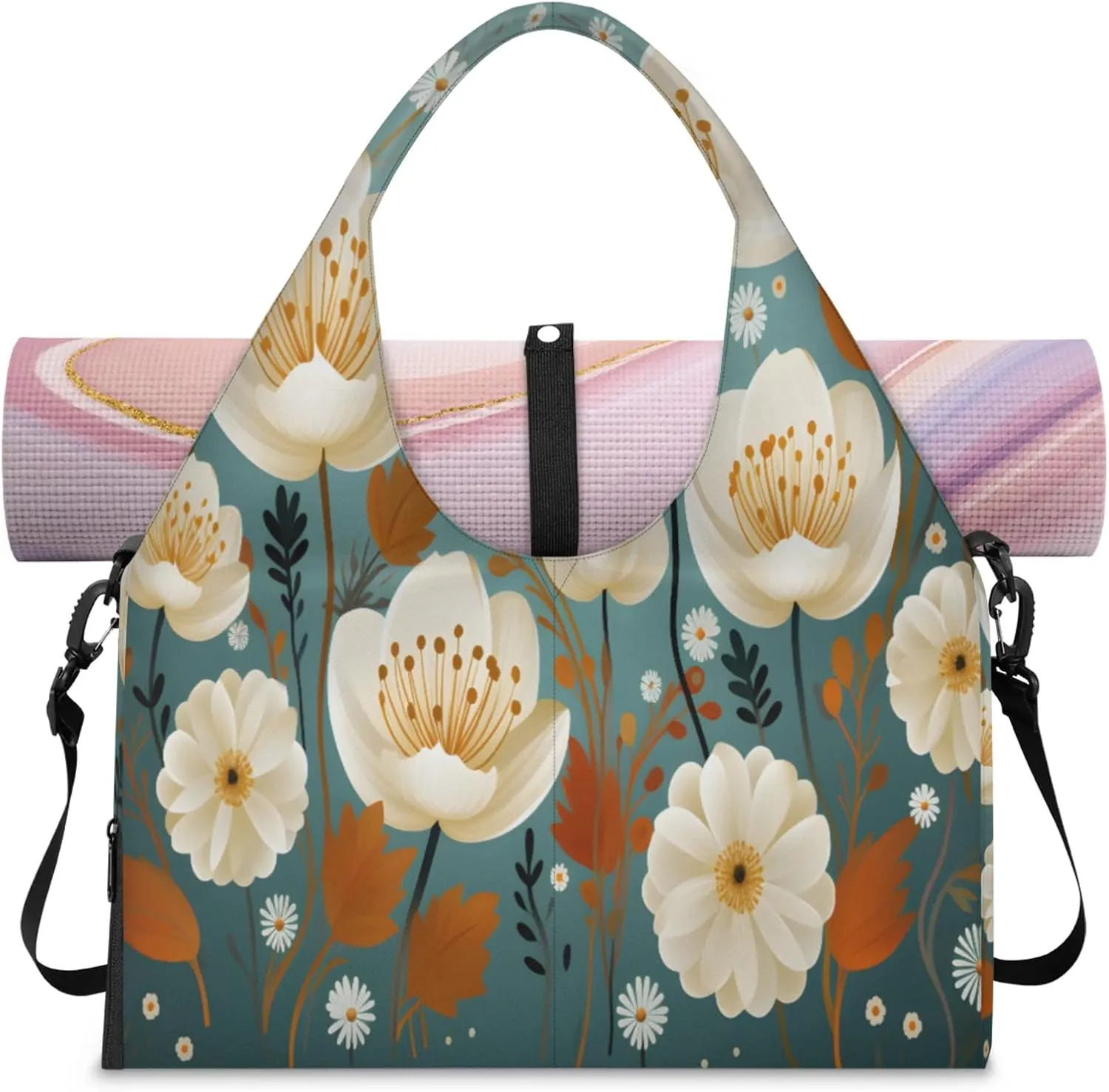 Graceful Floral Harmony Waterproof Gym Bag for Men Women, Sports Duffel Bag with Shoe Compartment Yoga Mat Holder, Portable Large Travel Bag for Fitness, Camping, Weekend Trips