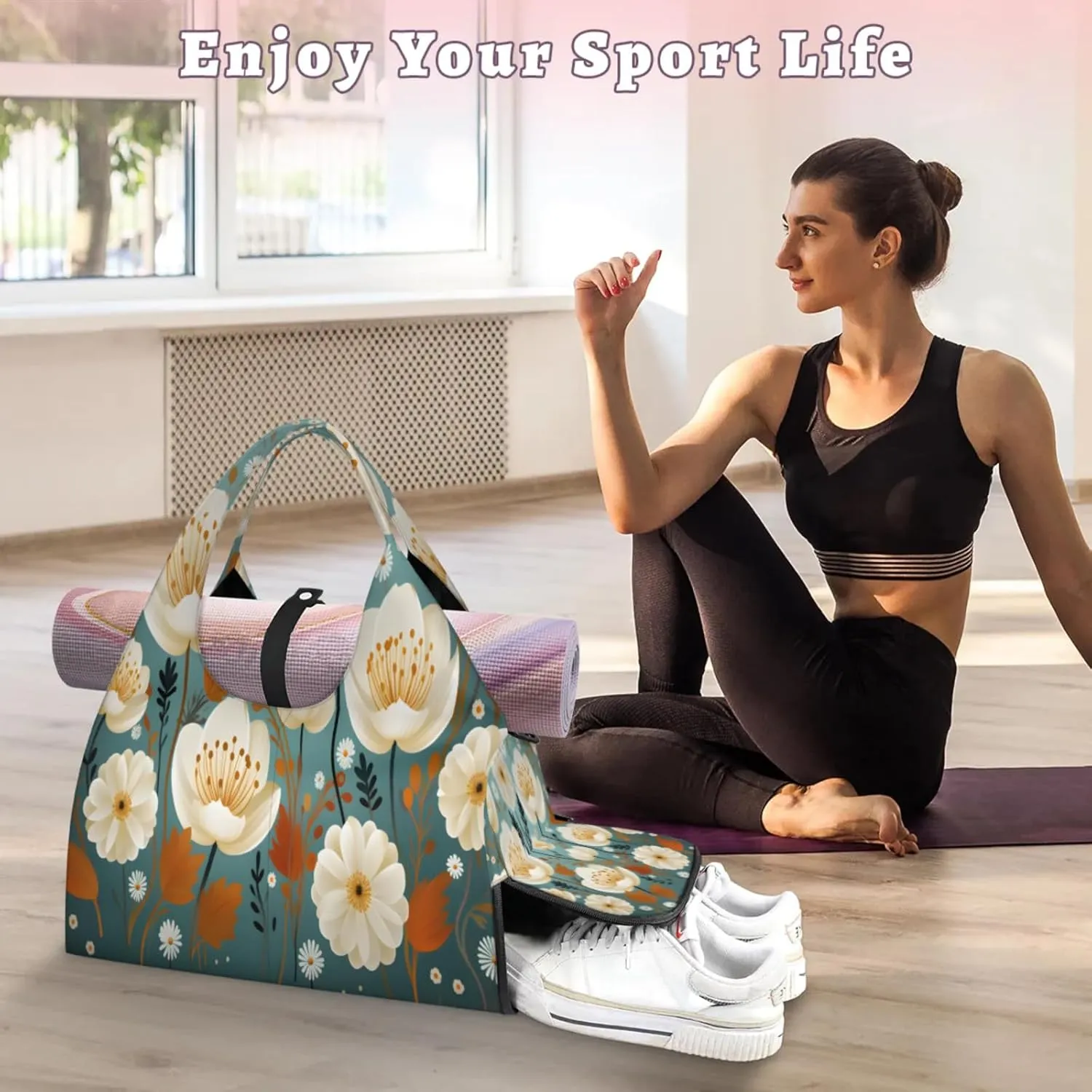 Graceful Floral Harmony Waterproof Gym Bag for Men Women, Sports Duffel Bag with Shoe Compartment Yoga Mat Holder, Portable Large Travel Bag for Fitness, Camping, Weekend Trips