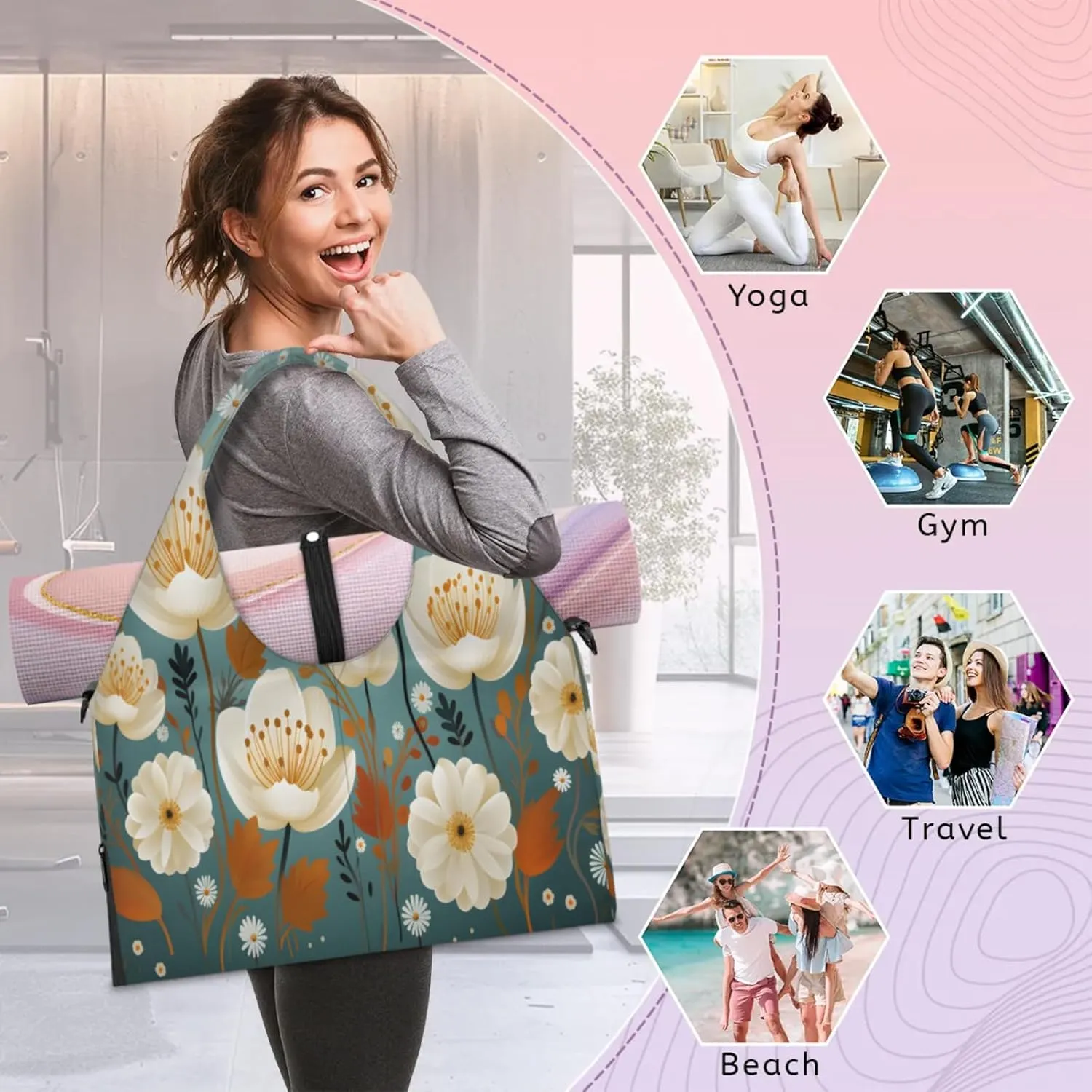 Graceful Floral Harmony Waterproof Gym Bag for Men Women, Sports Duffel Bag with Shoe Compartment Yoga Mat Holder, Portable Large Travel Bag for Fitness, Camping, Weekend Trips