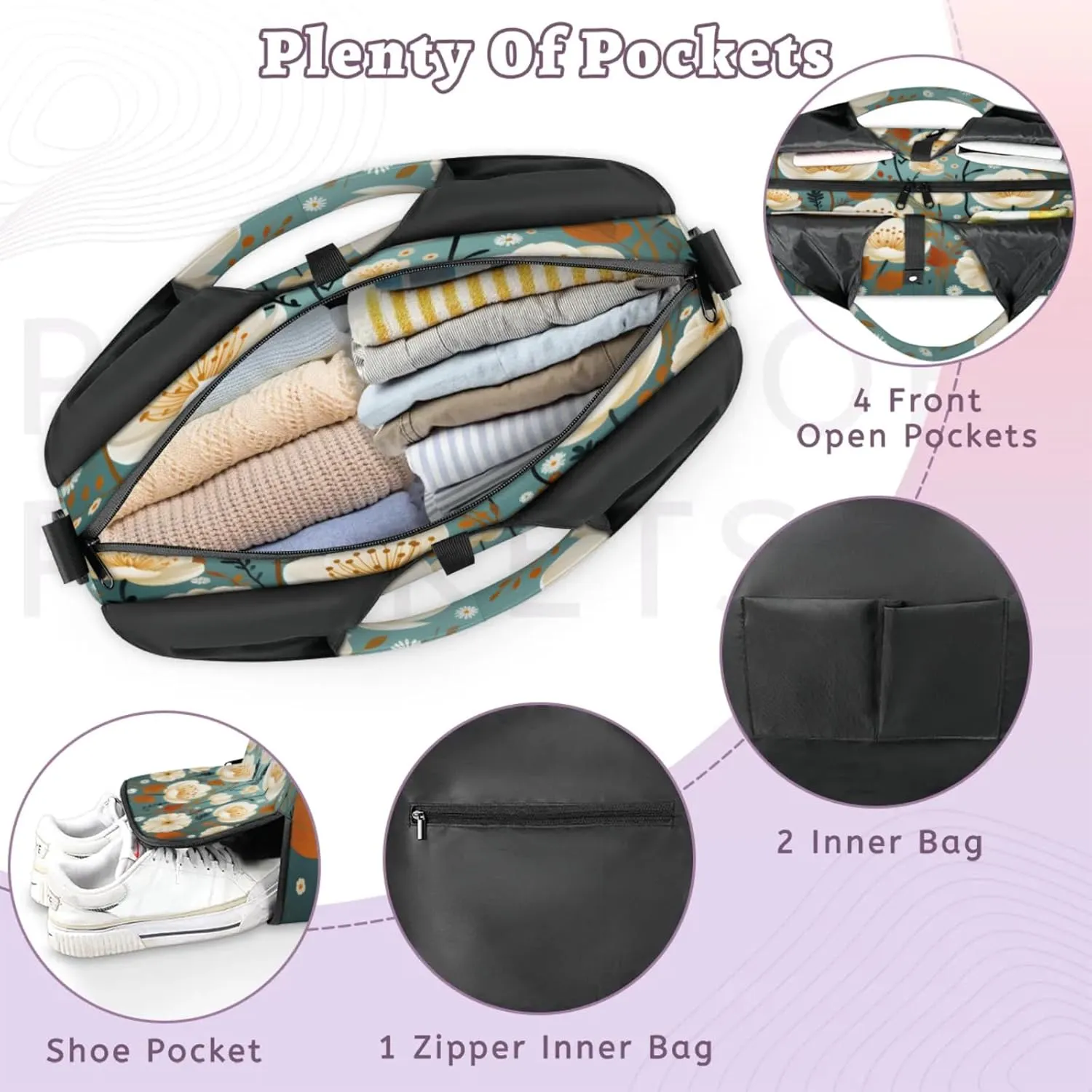 Graceful Floral Harmony Waterproof Gym Bag for Men Women, Sports Duffel Bag with Shoe Compartment Yoga Mat Holder, Portable Large Travel Bag for Fitness, Camping, Weekend Trips