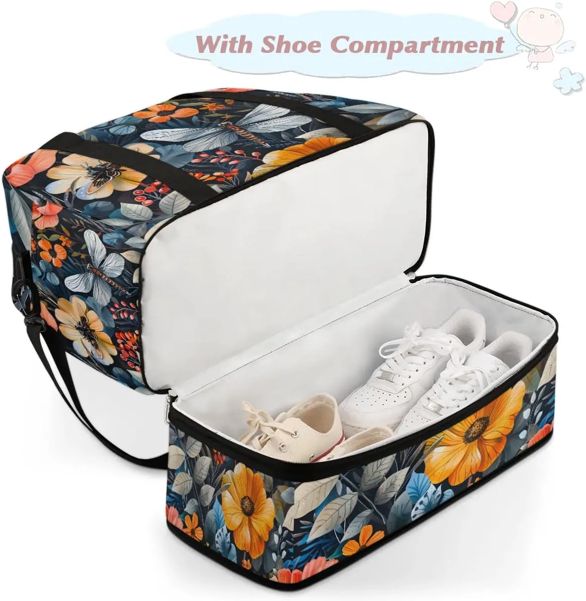 Graceful Flower Beautiful Patterns Travel Duffle Bag, Collapsible Travel Bag Sports Gym Bag With Shoes Compartment Weekender Bag Overnight Bag For Women Men