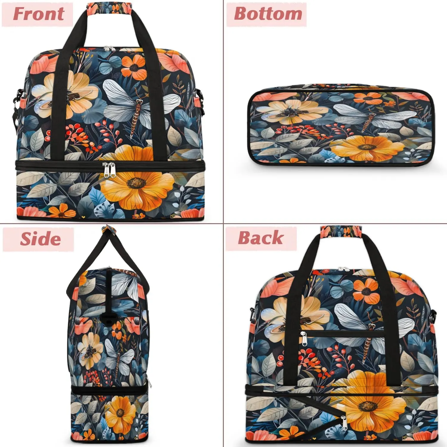 Graceful Flower Beautiful Patterns Travel Duffle Bag, Collapsible Travel Bag Sports Gym Bag With Shoes Compartment Weekender Bag Overnight Bag For Women Men
