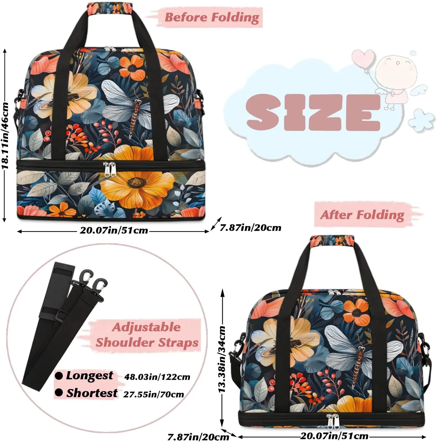 Graceful Flower Beautiful Patterns Travel Duffle Bag, Collapsible Travel Bag Sports Gym Bag With Shoes Compartment Weekender Bag Overnight Bag For Women Men
