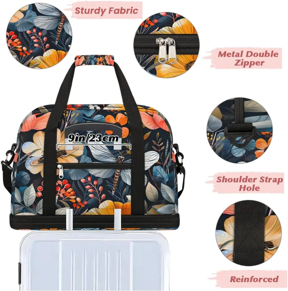 Graceful Flower Beautiful Patterns Travel Duffle Bag, Collapsible Travel Bag Sports Gym Bag With Shoes Compartment Weekender Bag Overnight Bag For Women Men